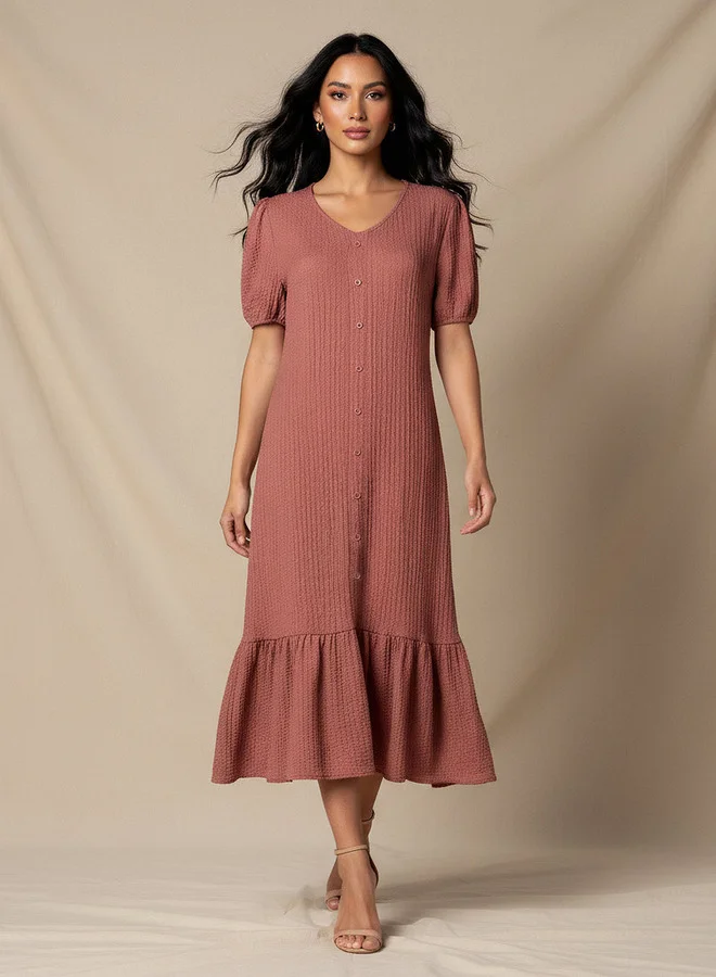 سبلاش فيڤ Textured Midi Shirt Dress with Puff Sleeves